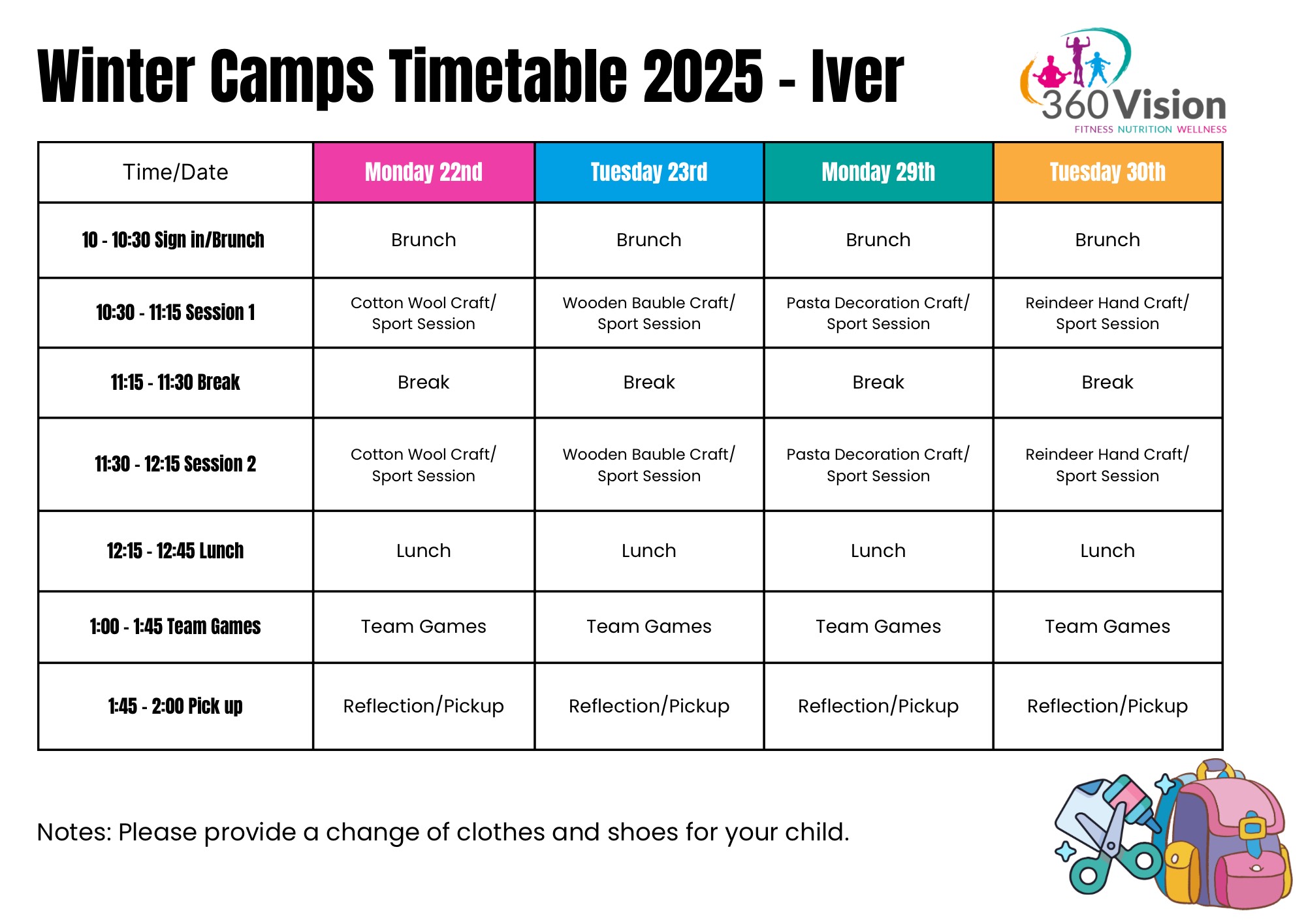 Winter Camp Timetable 2025